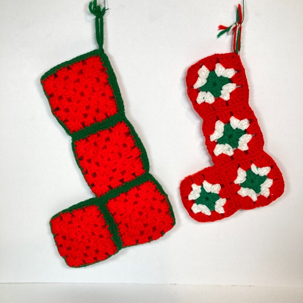 Vintage Handmade Crochet Granny Square‎ Christmas Stockings, Set of 2